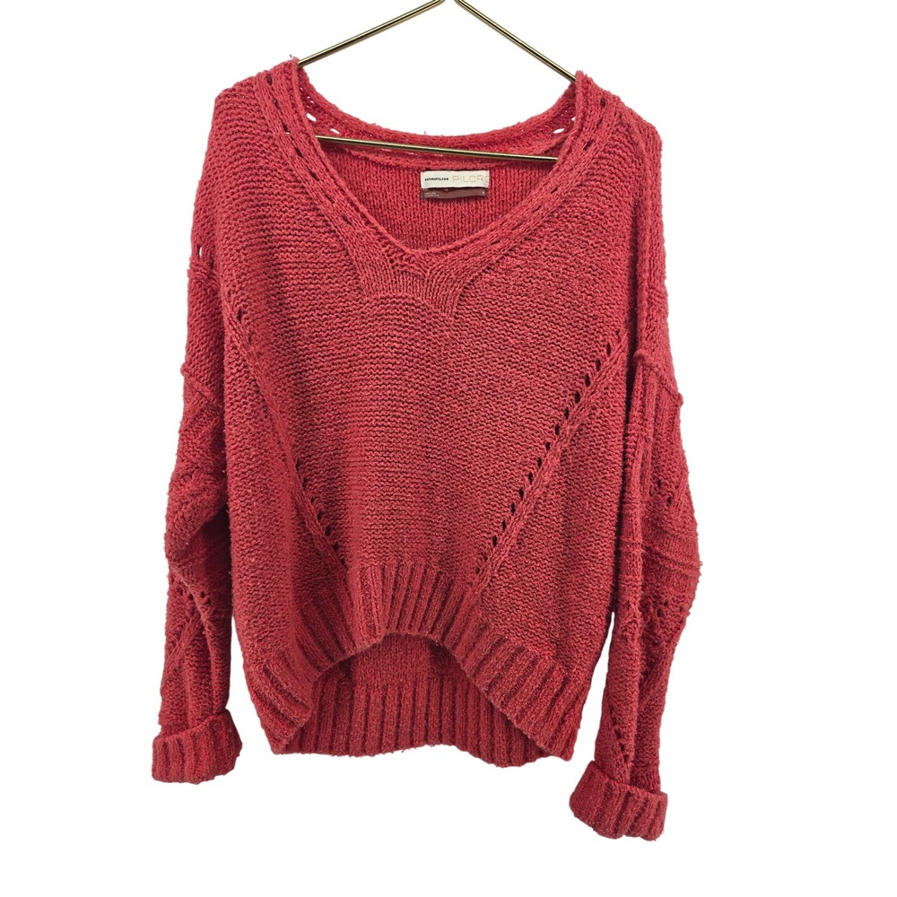 Anthropologie Pilcro Sweater Womens XS Pointelle Knit V-Neck Coral EUC